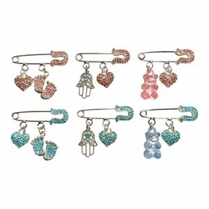 Silver Safety Pins Charms Pink or Blue Crystal Shiny Gift for kids, baby newborn